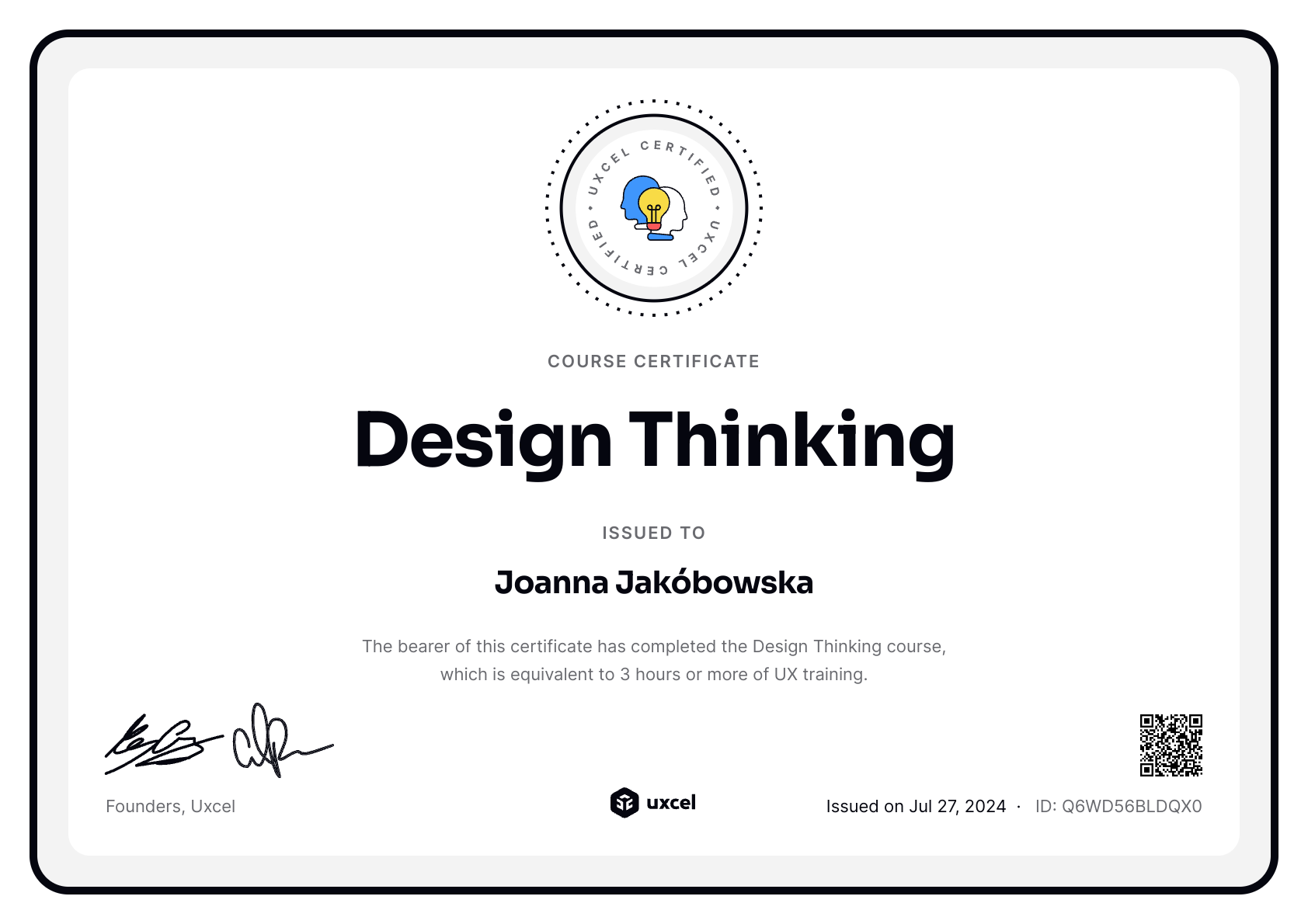 Joanna Jakóbowska's certificate